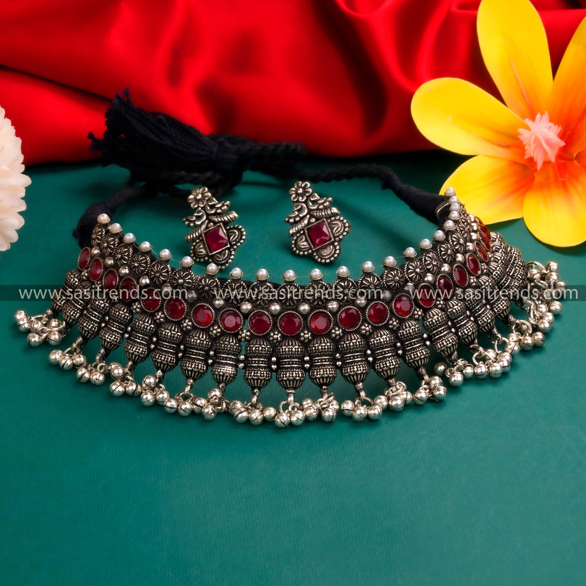 Traditional Floral Oxidized German Silver Choker Necklace with Silver Tone Hangings and Earrings