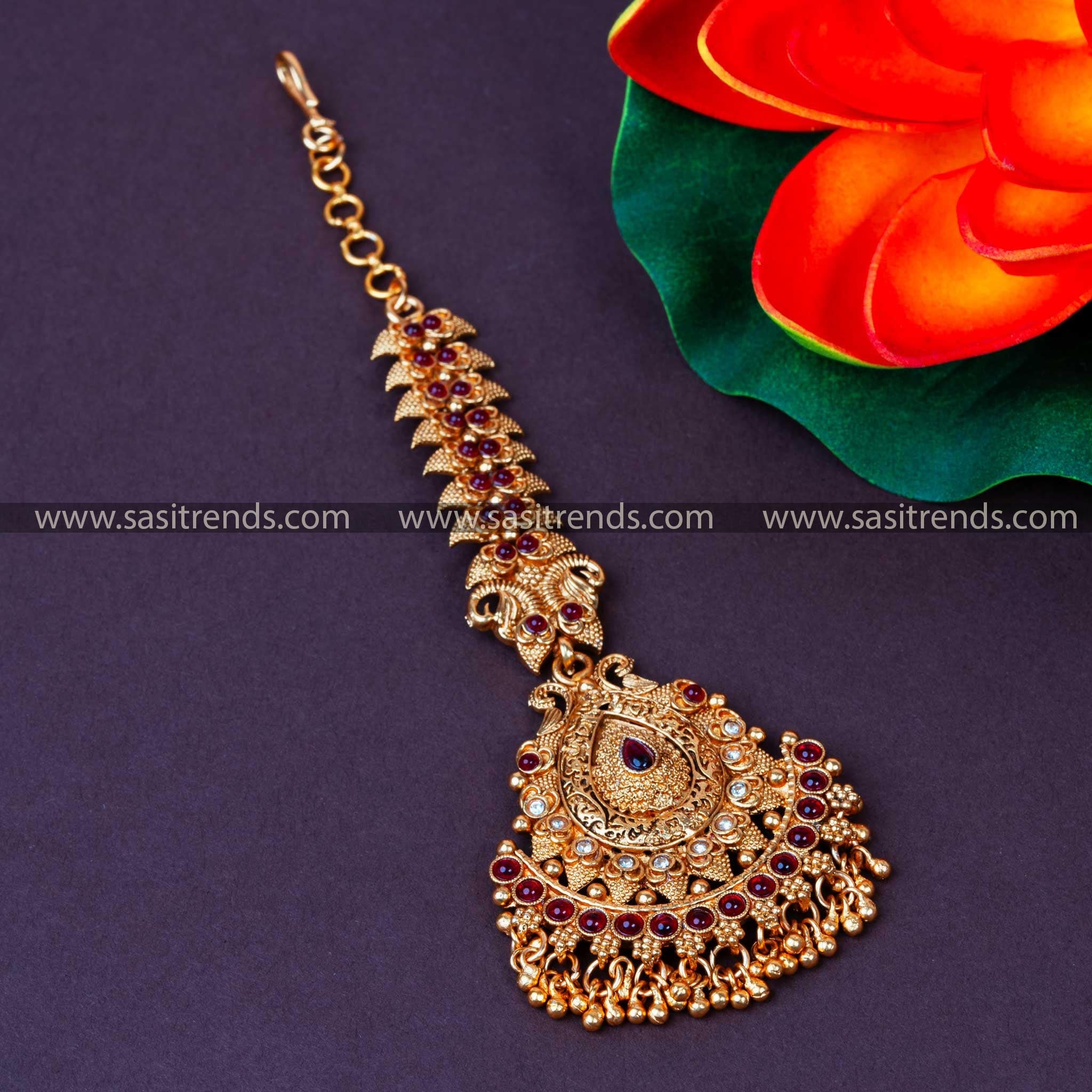 Matte Gold Plated Maang Tikka with White-Ruby Stones & Bead Drops