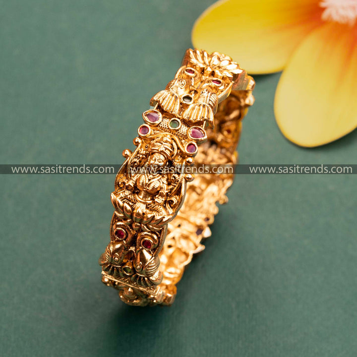 Traditional Lakshmi & Peacock Motif Gold Plated Kada Bangle with Stones