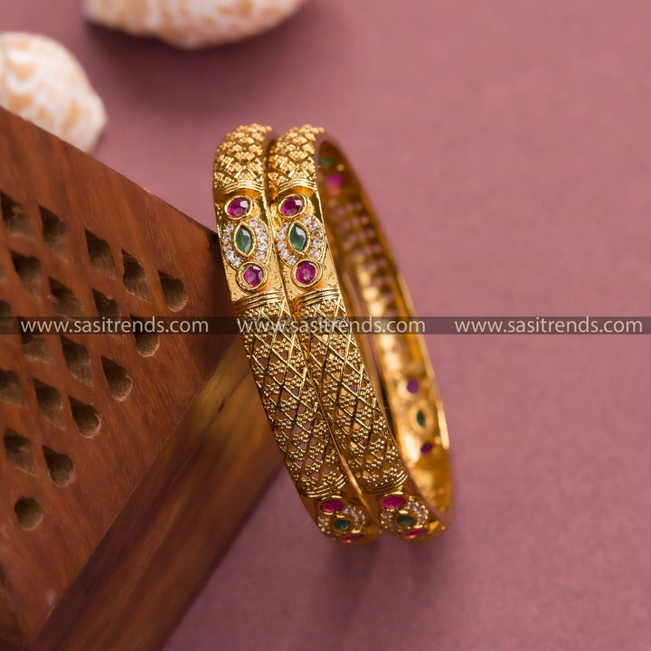 Latest Temple Matte Gold Tone Bangles with Floral & Checked Patterns, Studded with AD Stones - Perfect for Festivals & Traditional Occasions