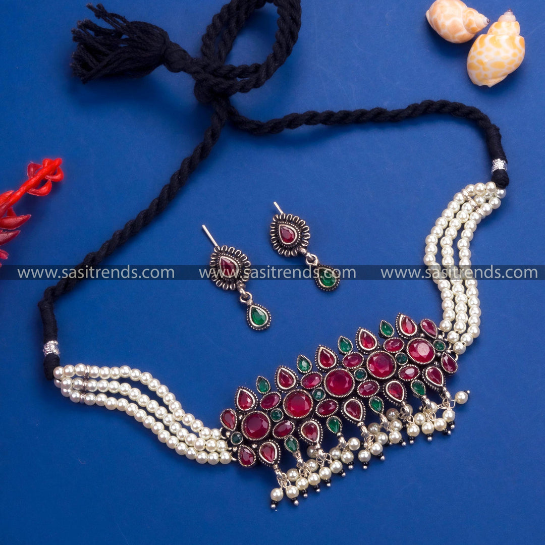 Gorgeous Traditional Wear Floral Choker Necklace Set with Pearls & Stones