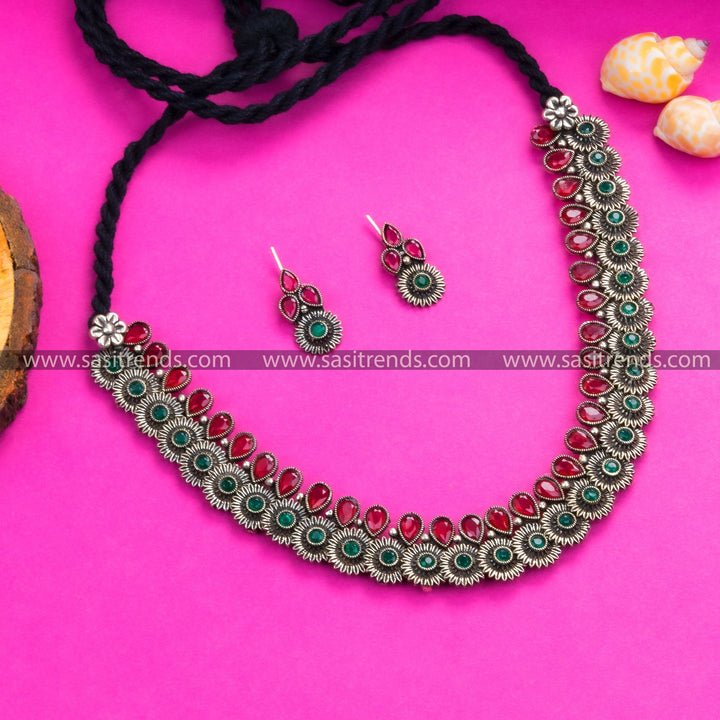 Latest Oxidised Floral Necklace with Tear Drop Stones & Earrings Jewellery Set for Party Wear | Sasitrends