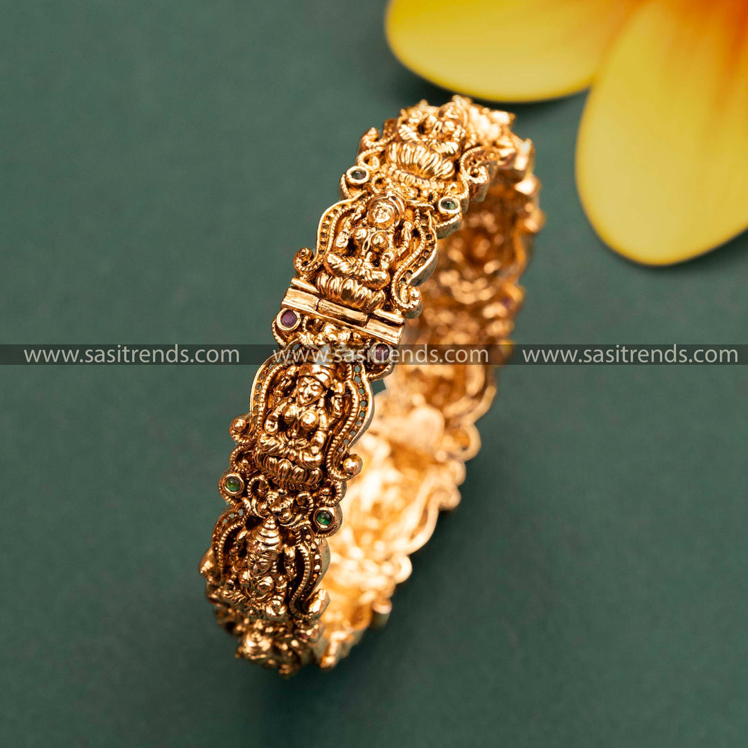 Goddess Lakshmi Openable Kada Bangle - Matte Gold with Ruby-Green Stones