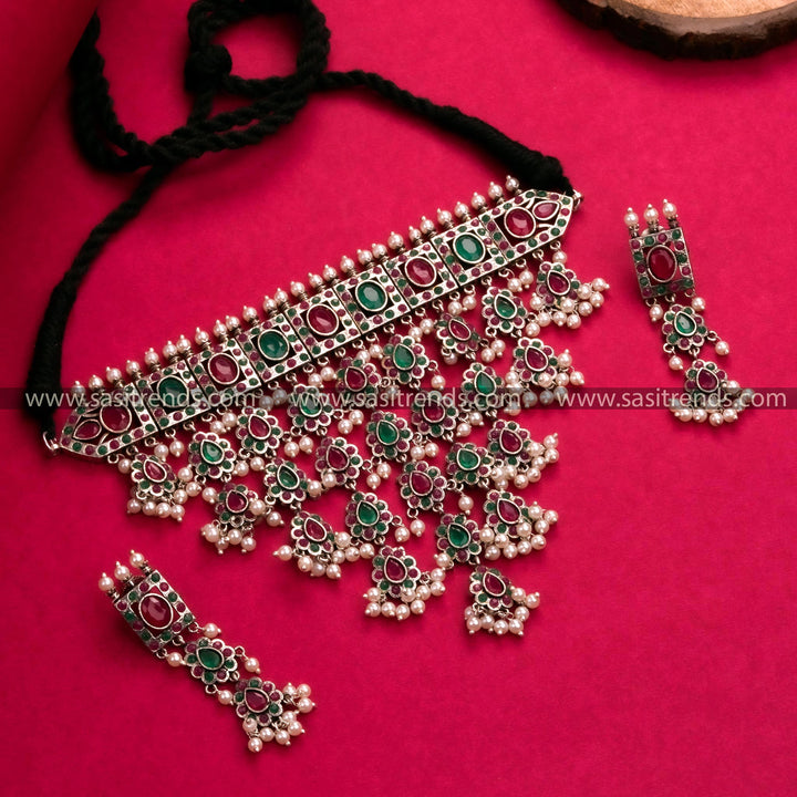 Trendy Party Look Oxidised Choker Necklace Jewellery Set with Pearl Earrings | Sasitrends