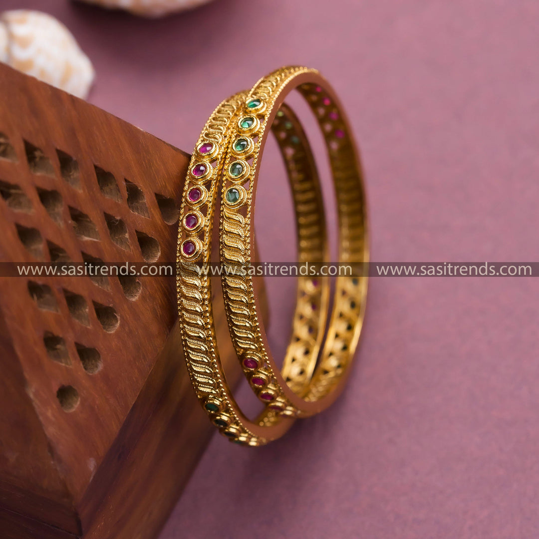 Temple Gold Plated Bangles with Leaf Pattern and American Diamond Stones by Sasitrends