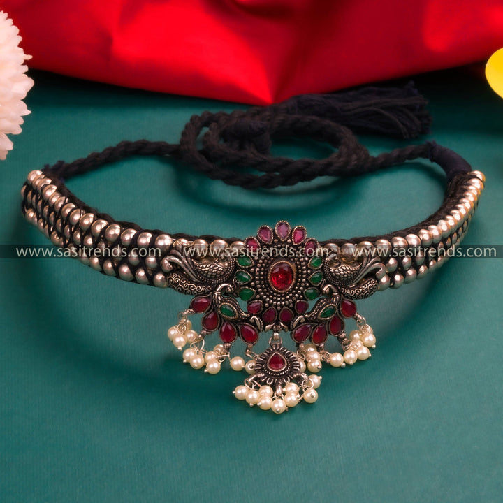 Kolhapuri Oxidized German Silver Peacock Pendant Choker Necklace with Pearls