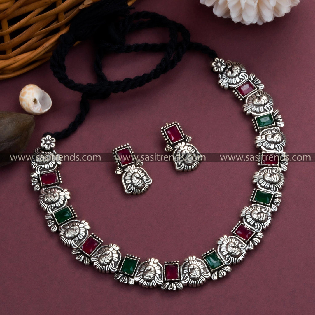 Stunning Peacock Kushi Oxidised German Silver Necklace Set with Rectangular Stones and Peacock Earrings - Perfect Party Wear