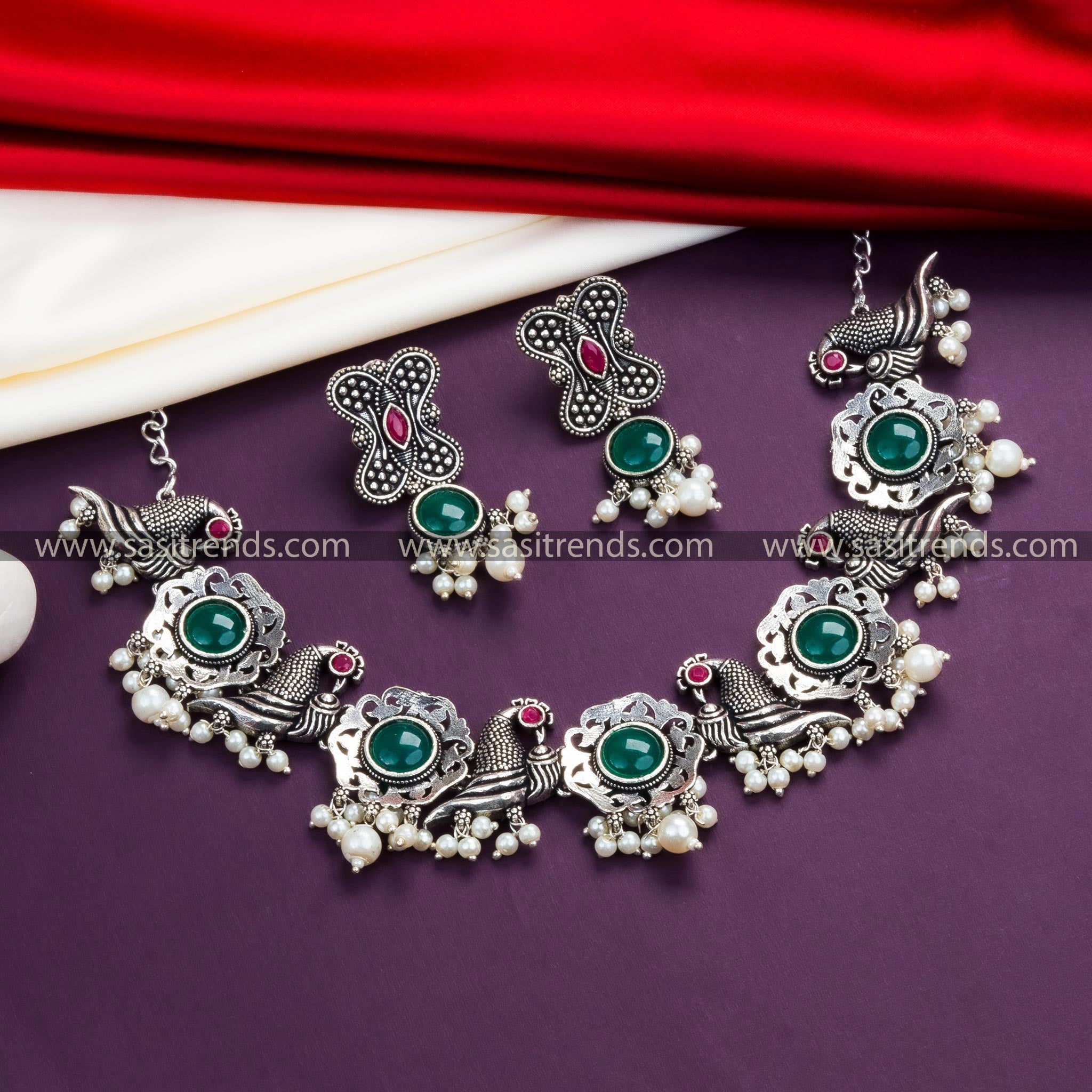 Ruby-Green Monalisa Stone Necklace Set: Floral and Peacock Motifs, Oxidized Silver, Earrings