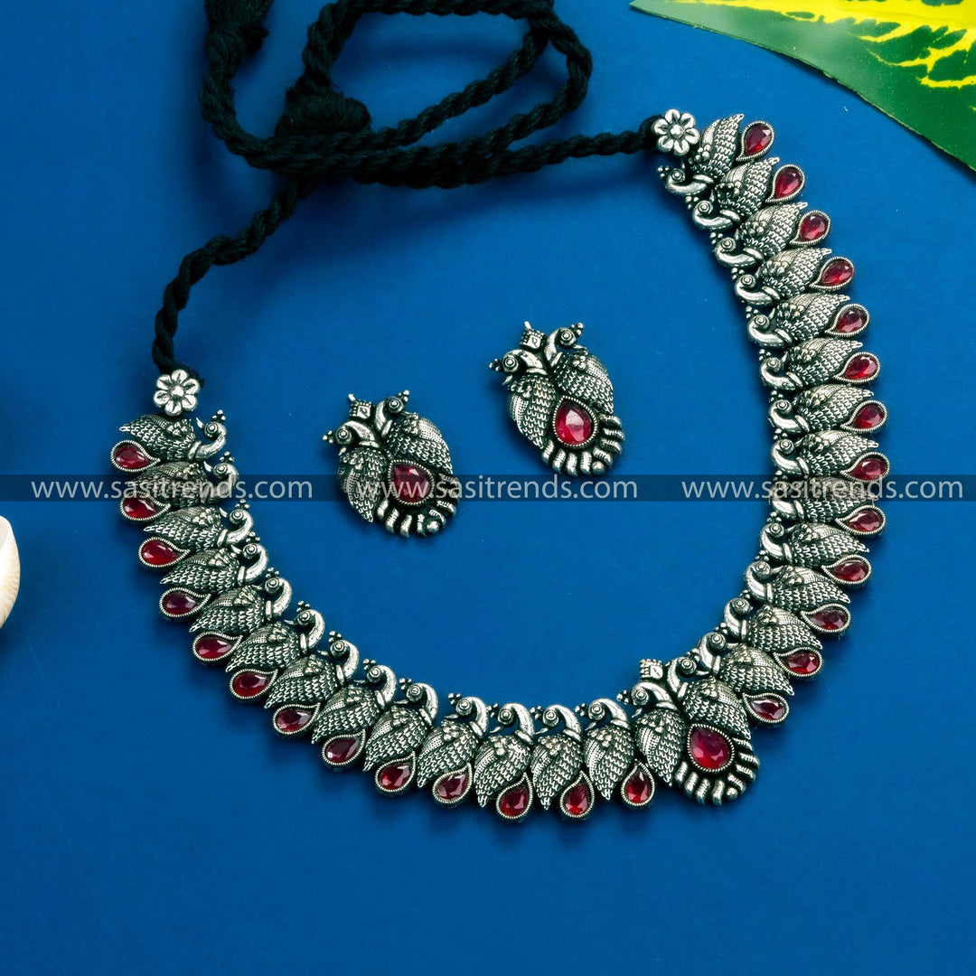 Elegant Kushi Oxidized German Silver Necklace with Ruby Stones for Online Shopping