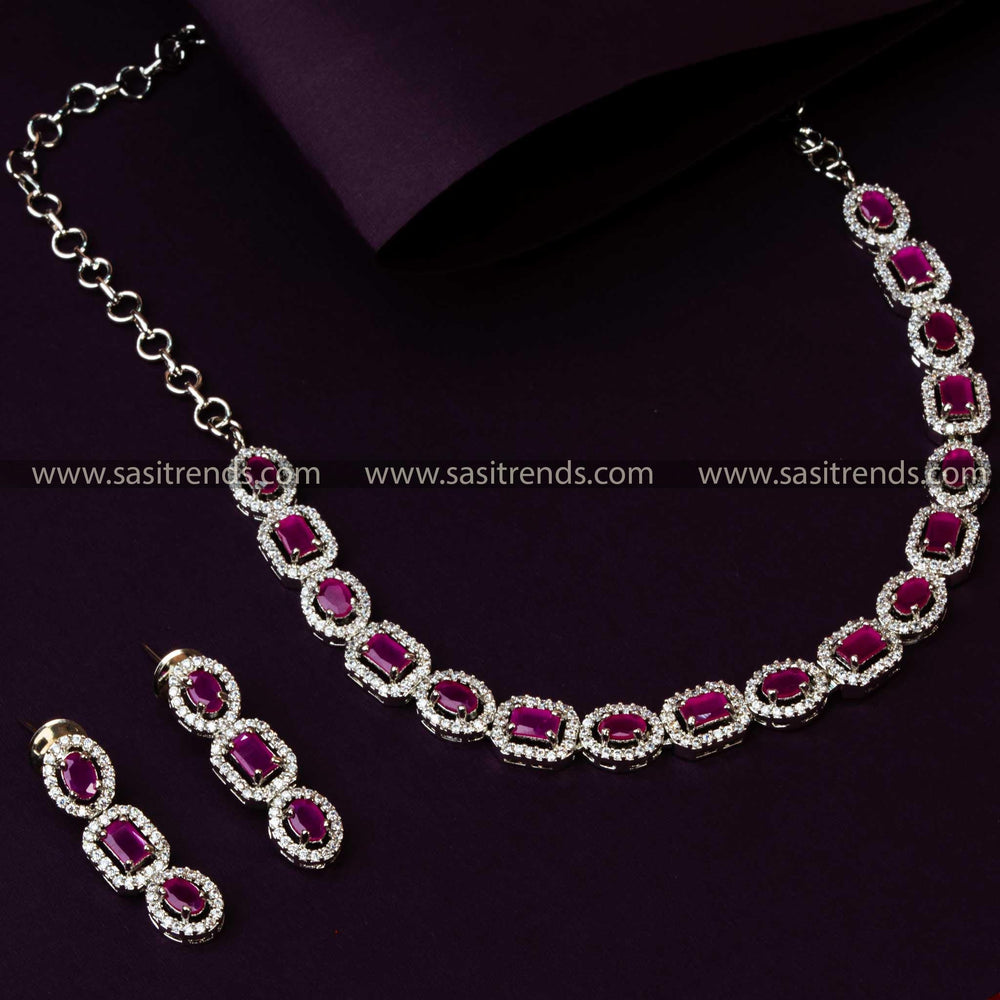 Rhodium Silver Plated Party Wear Necklace Set with American Diamonds-Ruby Pink