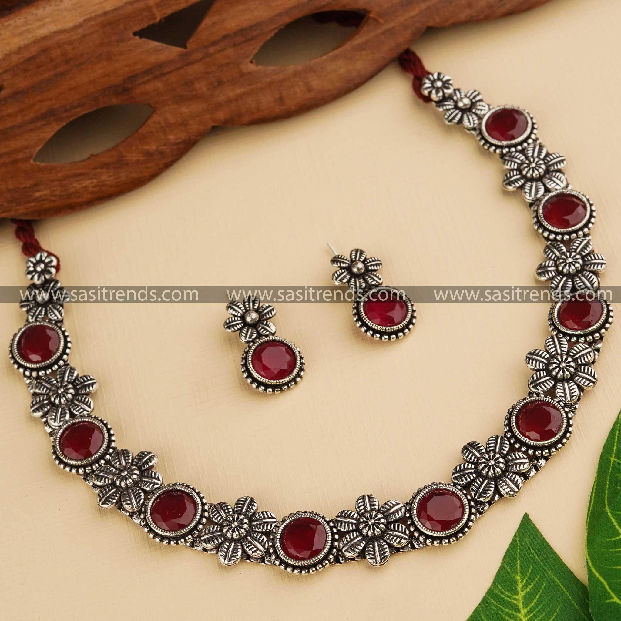 Exquisite German Oxidised Silver Jewellery Necklace with Floral and Monalisa Stone Like Ruby Stones - Fashion Accessory