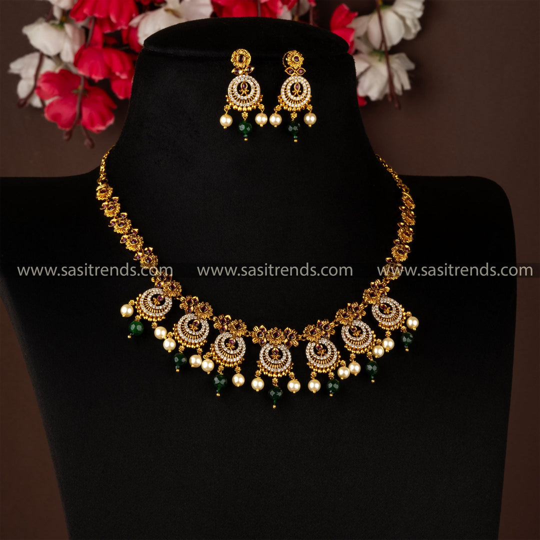 Premium Temple Matt Gold Plated Necklace Set with AD Stones