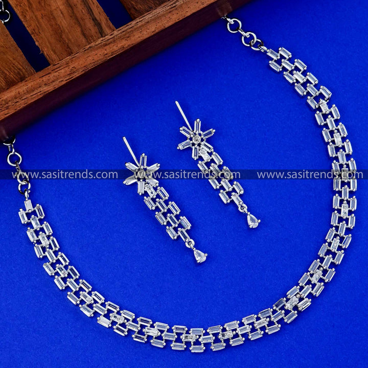 Exquisite American Diamond Rose Gold & Rhodium silver Plated Jewellery Set - Glamorous Party Wear Jewellery - Sasitrends