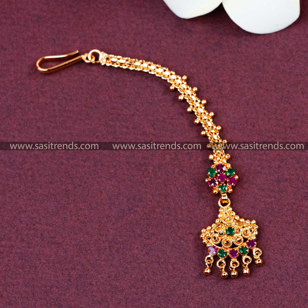 Floral Micro Gold Plated Maang Tikka with AD Stones & Bead Drops