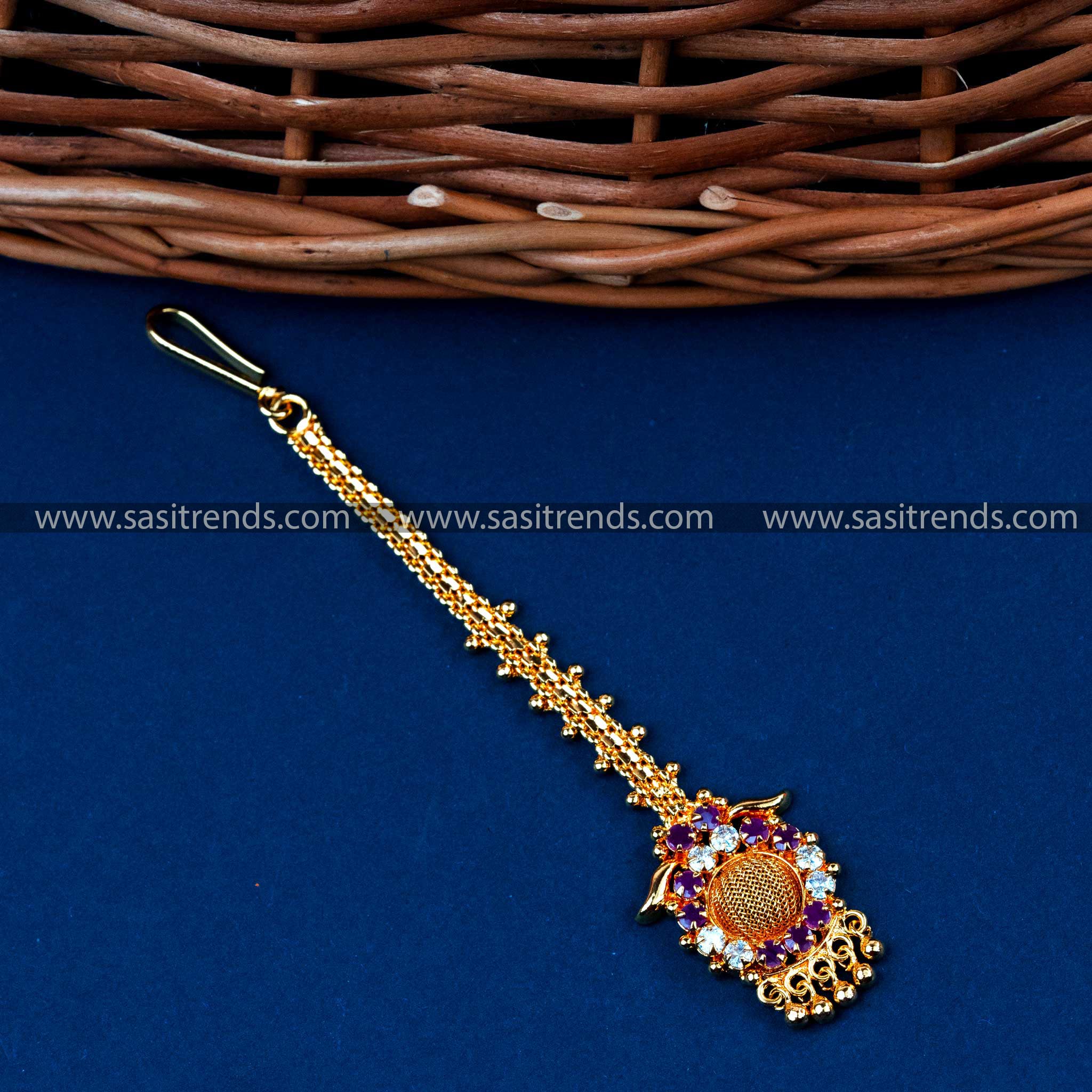 Radiant Gold Plated Maang Tikka with White Ruby Stone & AD Stones