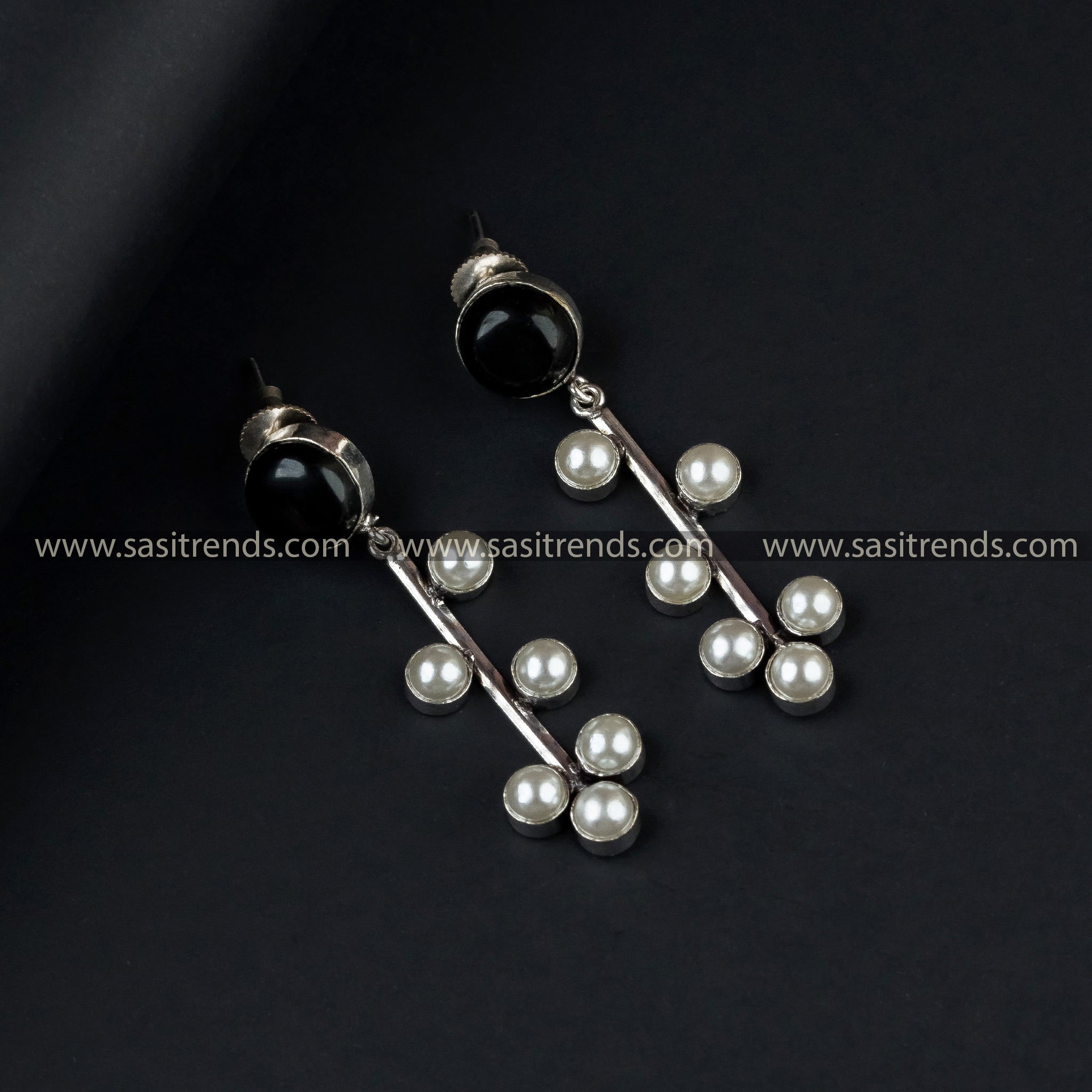 Oxidized German Silver Pearl with Monalisa Stone Earrings 