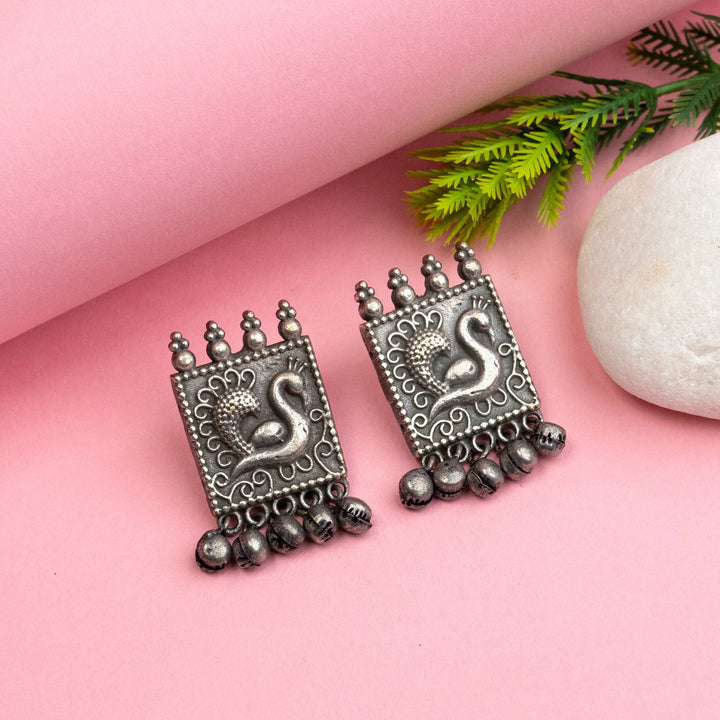 Peacock Oxidised Silver Tone Earrings with Ghungroo Beads - Trendy Party Wear | Sasitrends