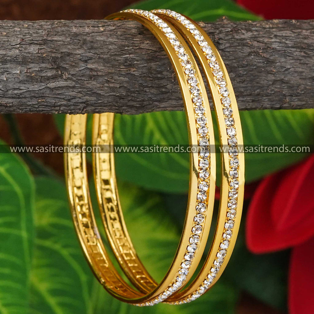 One Gram Micro Gold Plated Traditional American Diamond Bangle Pair