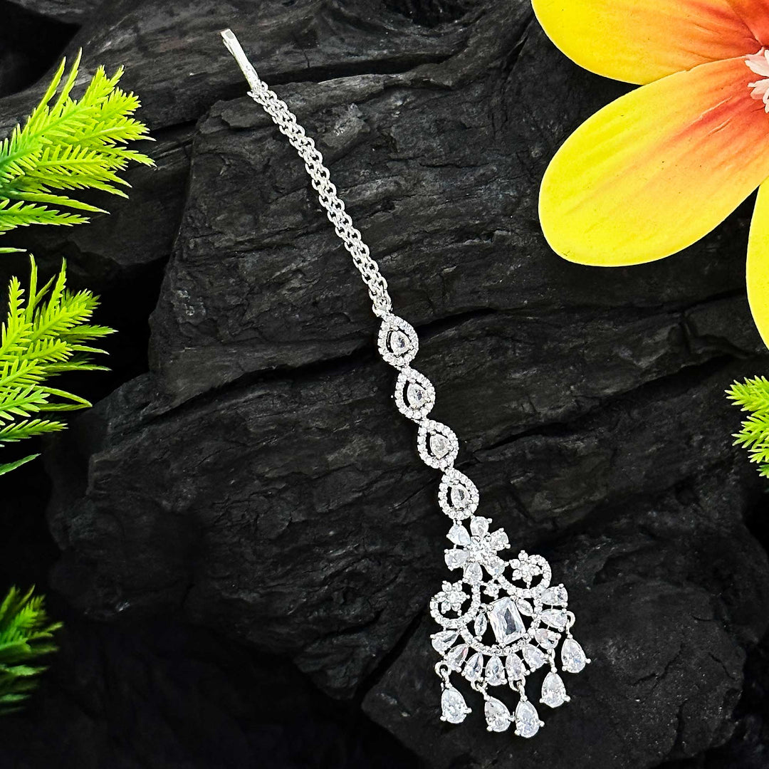 Rhodium Silver Floral Maang Tikka with American Diamonds