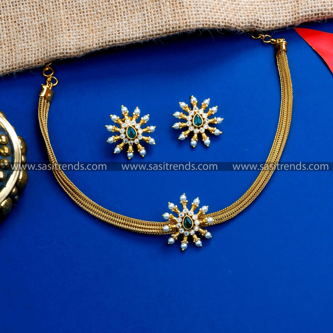 Matte Gold Plated Floral Motif Choker Necklace Set with White-Green AD Stones - Traditional Wear Jewelry