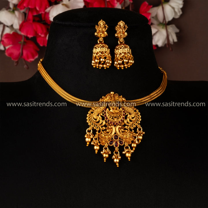 Classic Matt Gold  Divine Temple Lakshmi & Peacock Pendant Choker With Jhumka Jewellery Set