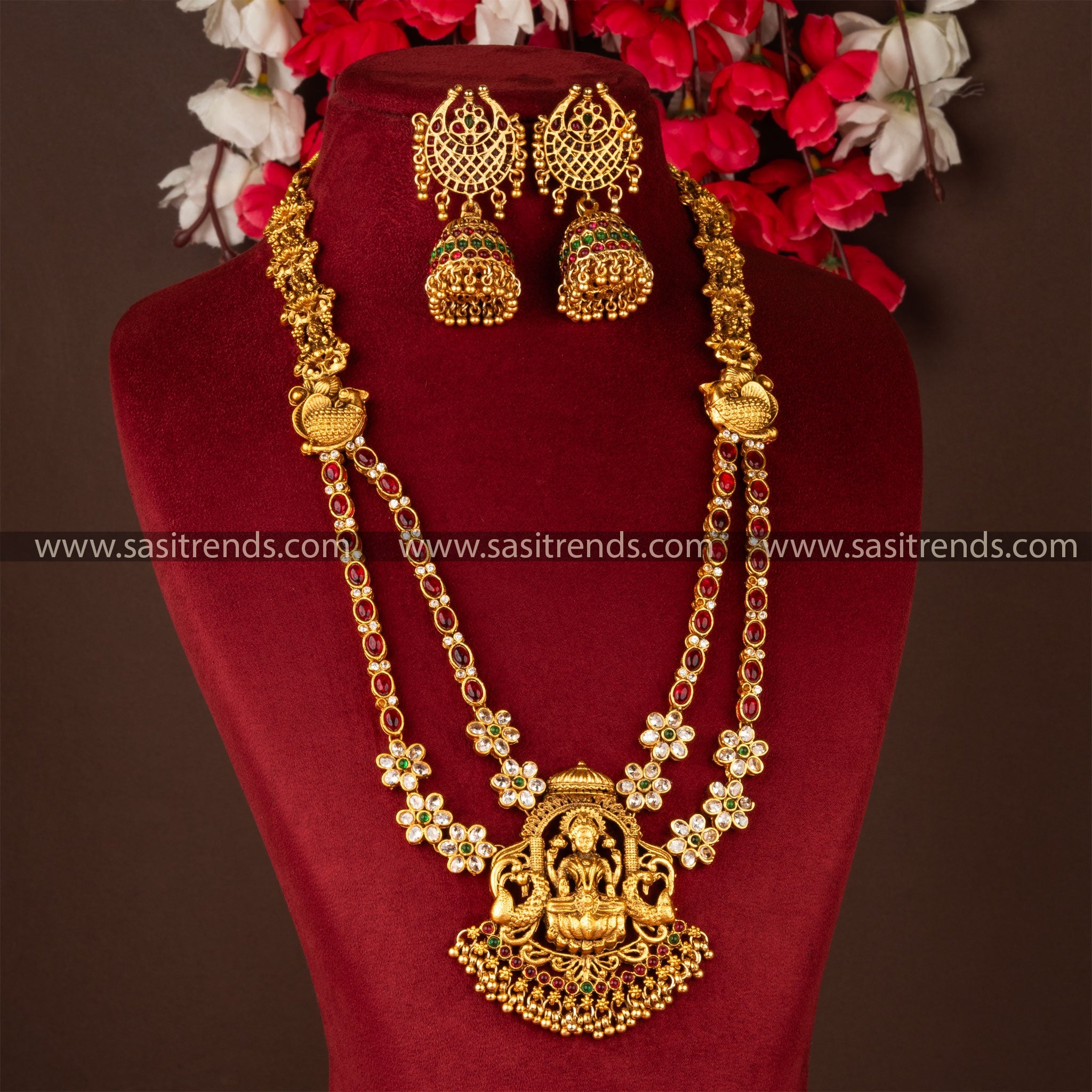 Temple Lakshmi Pendant Long Necklace Jewellery Set with Jhumka Earrings