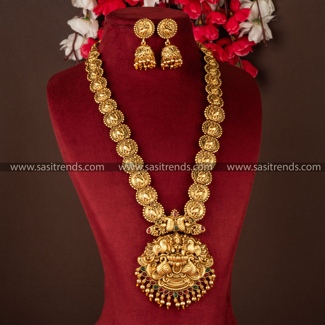 Temple Lakshmi Pendant Long Necklace Set with Jhumka Earrings - Elegant Traditional Jewellery