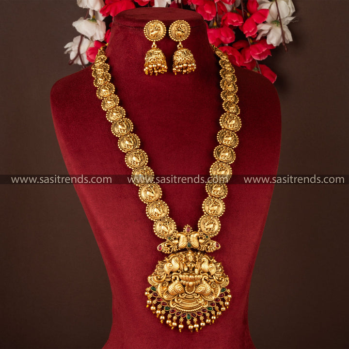 Classic Matt Gold Divine Lakshmi Pendant Long Necklace Jewellery Set with Jhumka Earrings