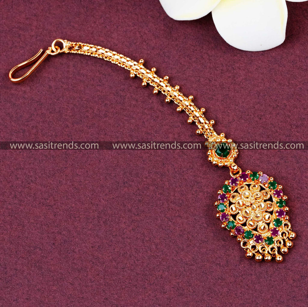 Traditional Gold Plated AD Stone Maang Tikka - Ruby-Green Colour Floral Design