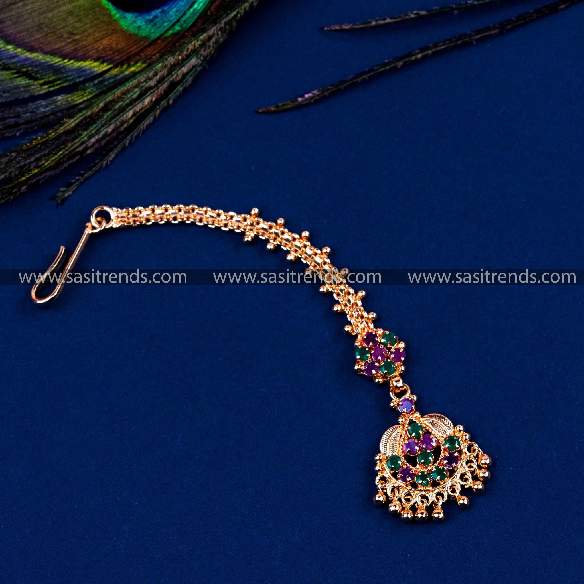 Micro Gold Plated Thilak Floral Maang Tikka with AD Stones - Ruby-Green