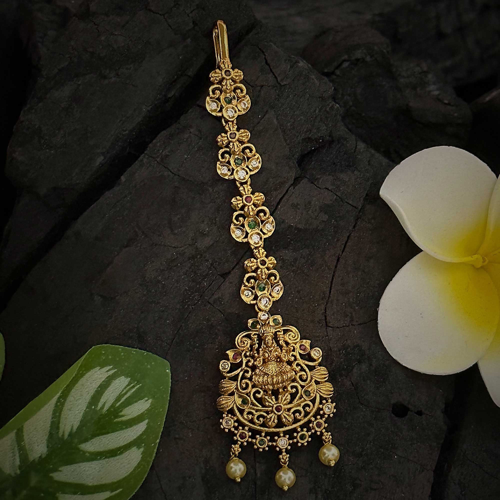 Stunning Bridal Matte Gold Plated Lakshmi Motif AD Maang Tikka