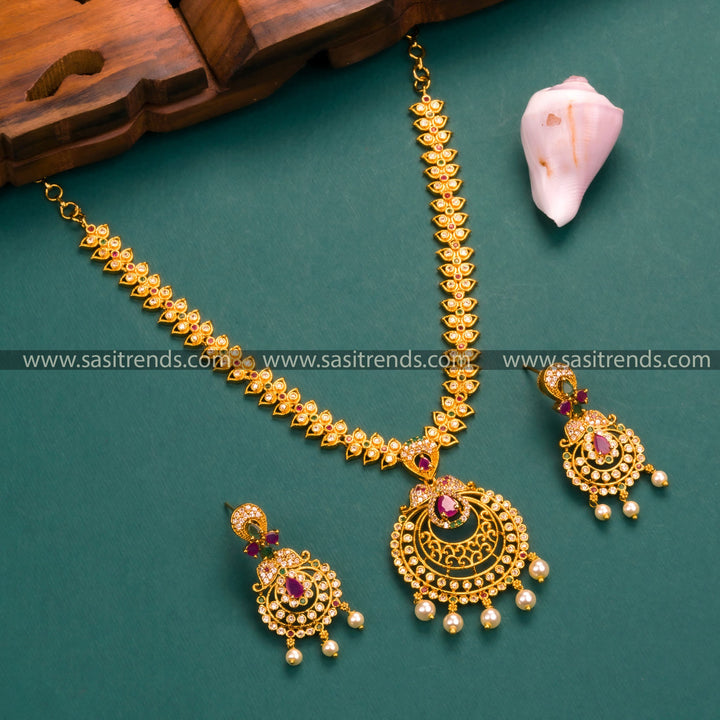 Trendy Temple Matte Gold Plated AD Jewellery Set with Chandbali Pendant - Festival Collections