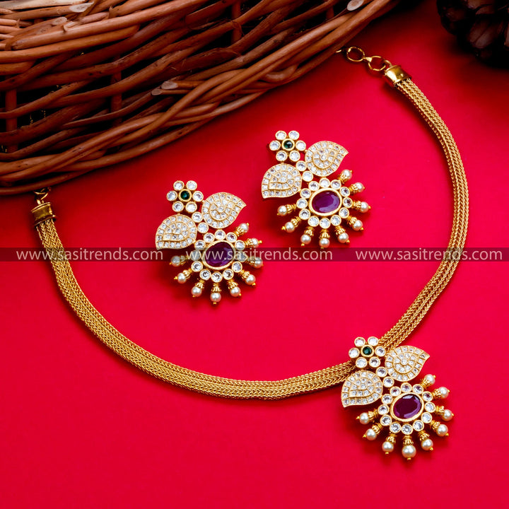 Traditional Elegance: Temple Matte Gold Plated Floral Pendant Choker Jewellery Set | Sasitrends