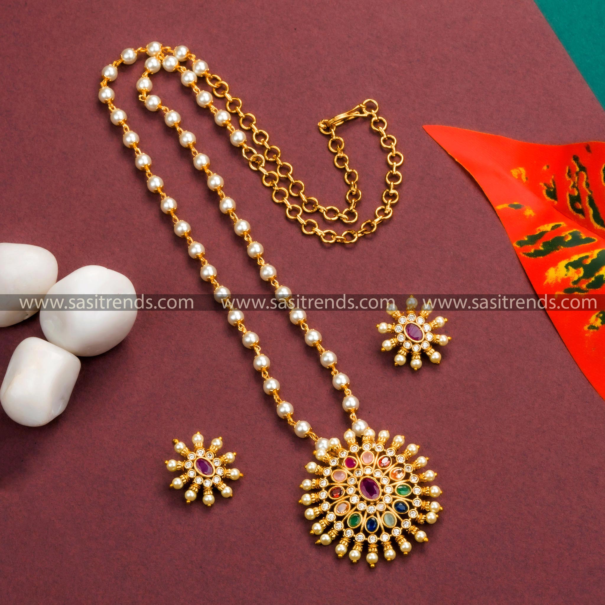 Temple Gold Plated Pearl Necklace Set with Navrathna Floral Pendant and Stud Earrings - Traditional Wear Collection