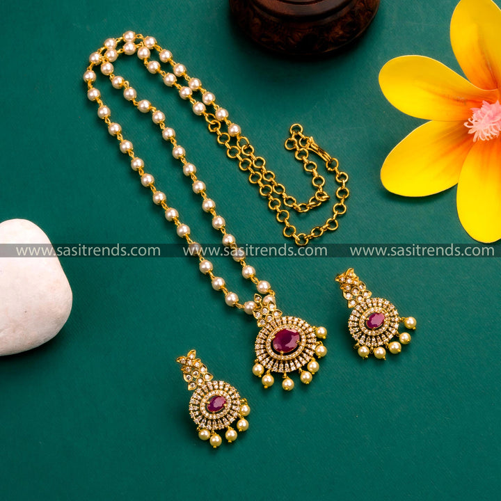 New Traditional Wear: Temple Matte Gold Plated Pendant Pearl Jewellery Set and American Diamond Stones