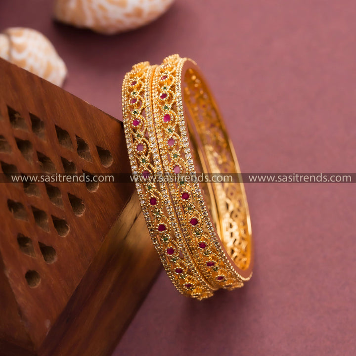 Gorgeous Micro Gold Plated Bangles with Leaf Pattern and American Diamond Stones - Perfect for Traditional Occasions