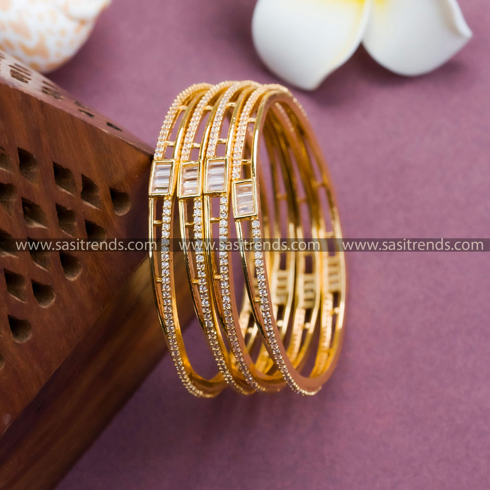 Micro Gold Plated AD Bangles: 4 Pieces Floral American Diamond Jewelry