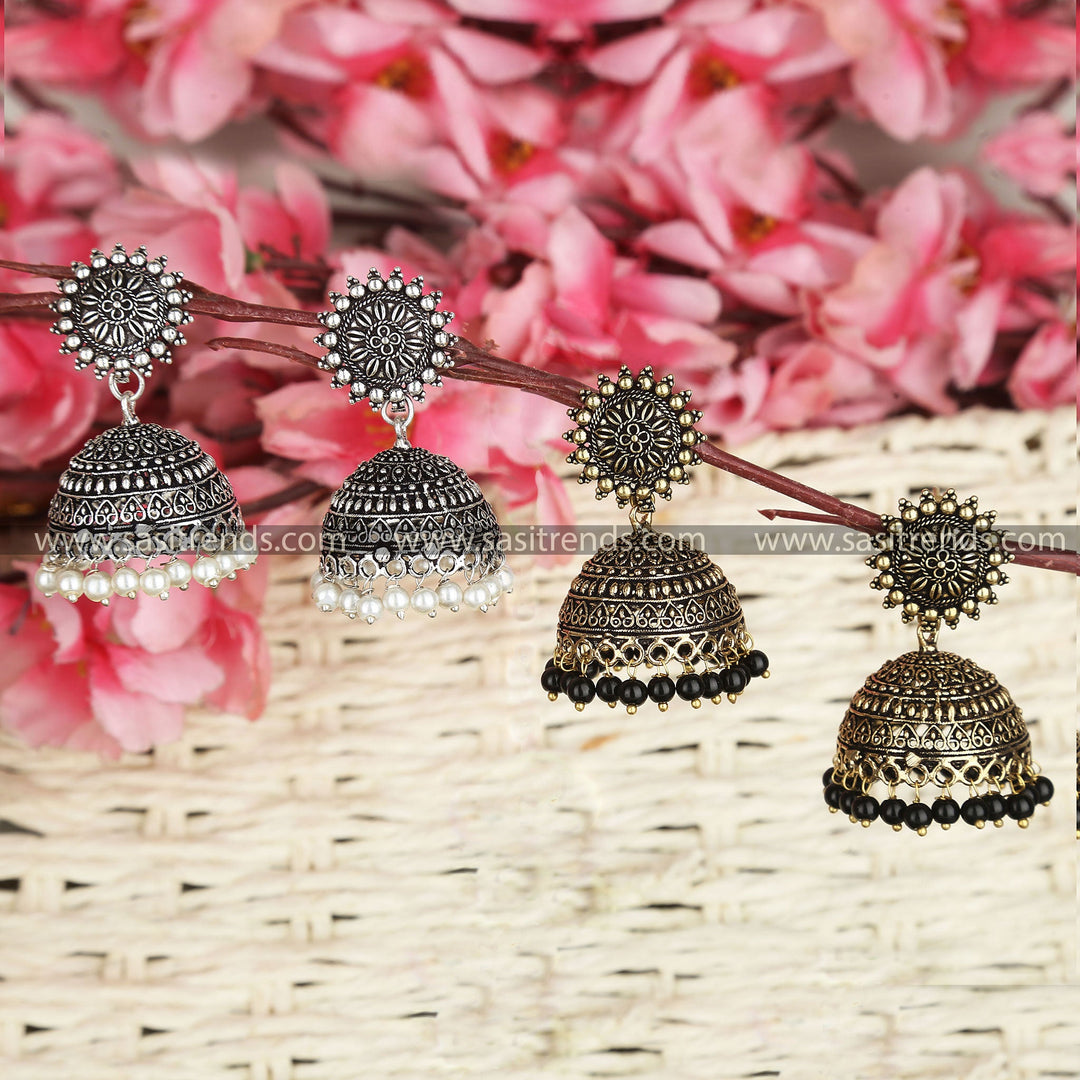 Latest Traditional Oxidized German Silver Combo Jhumka Set with Floral Motif and Hanging Pearls