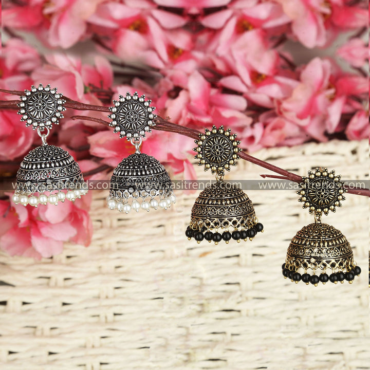 Elegant Oxidised Combo Jhumka Earrings Set with Floral Motif and Hanging Pearl Drops