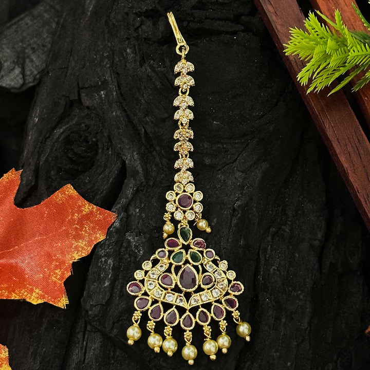 Elegant Floral Motif Micro Gold Plated Maang Tikka with AD Stones and Pearl Drops | Sasitrends