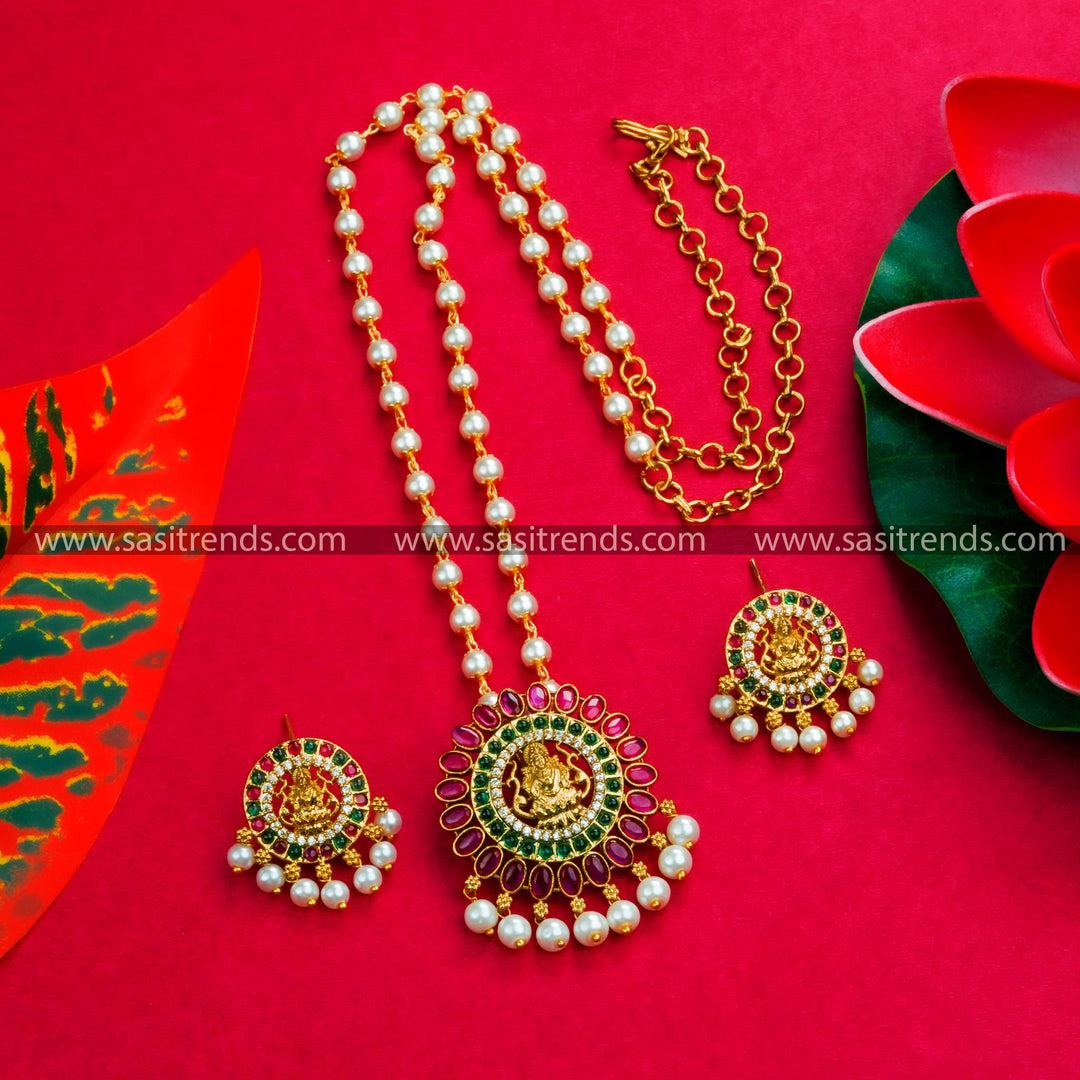 Traditional Lakshmi Pendant Pearl Necklace Set, Matte Gold Plated with AD Stones, Adjustable Chain, Elegant Hanging Pearl Drops