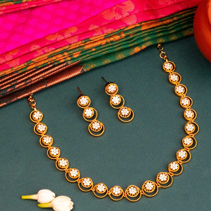 Exquisite Floral Temple Matte Gold Tone Jewellery Set with American Diamond Accents | Sasitrends