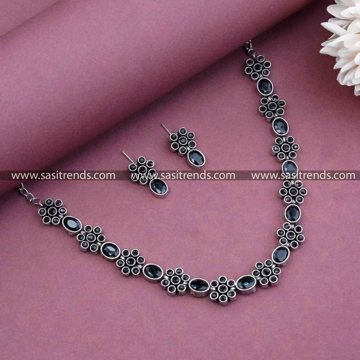 Sophisticated Black Oxidised German Silver Necklace Jewellery - Floral Charisma