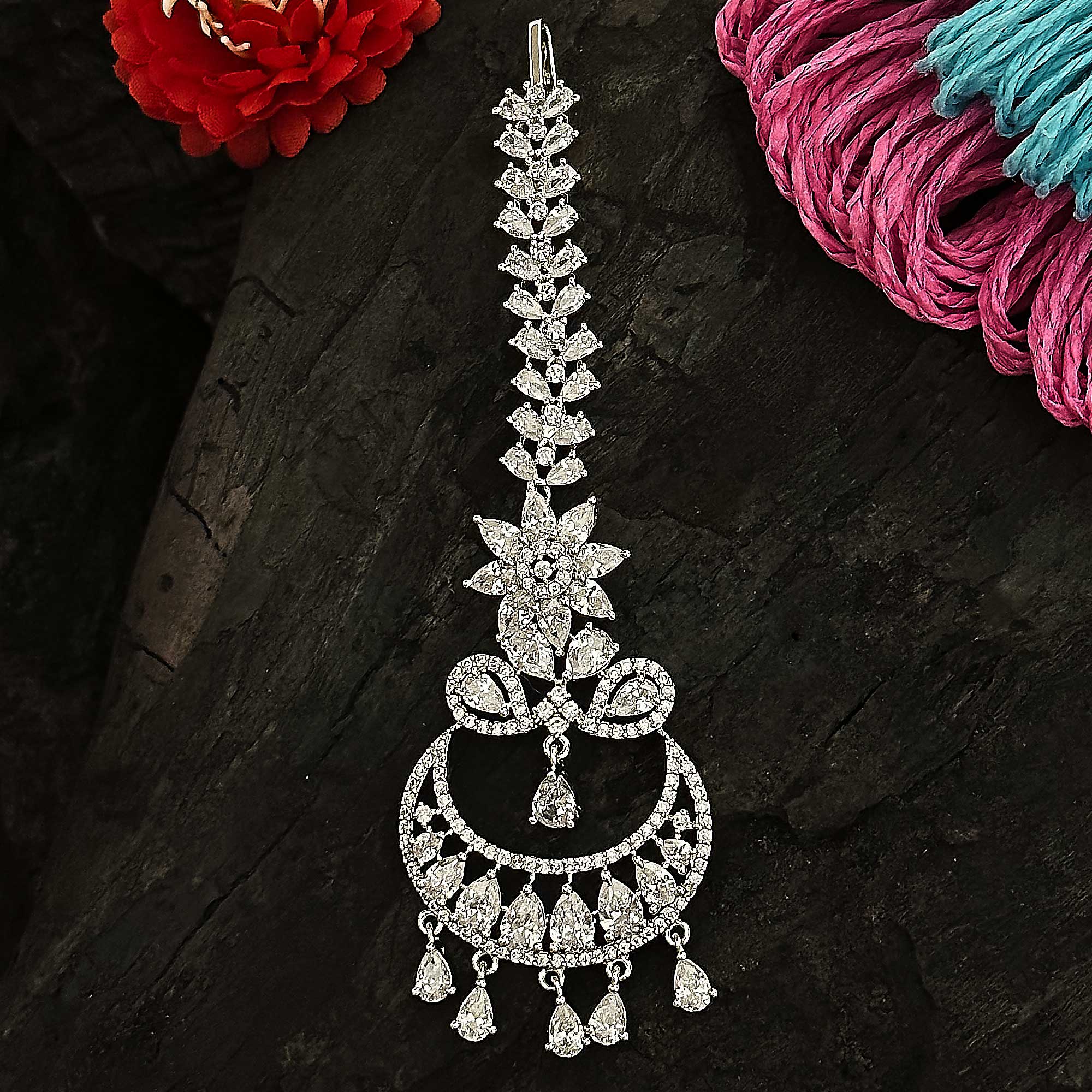 Rhodium Silver Chandbali Motif AD Maang Tikka Set for Women