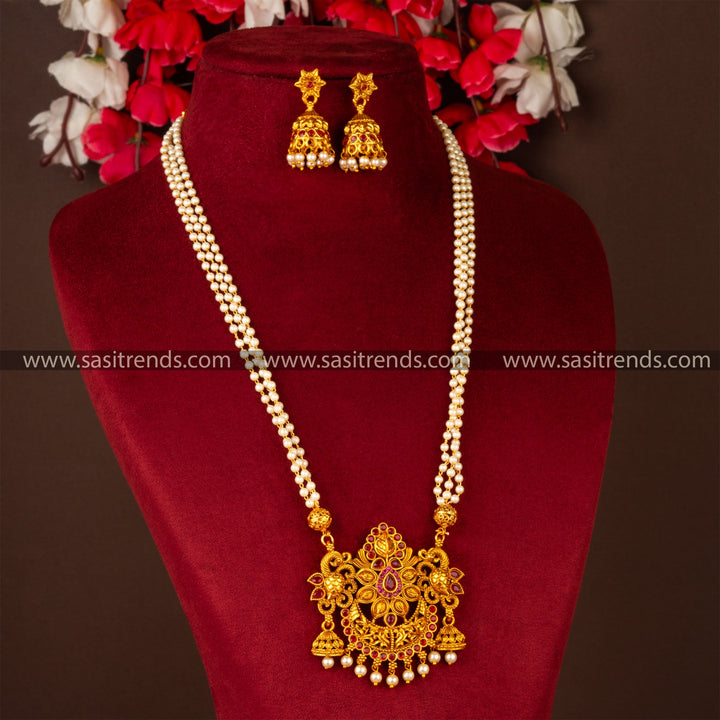 Classic Temple Wear Matt Gold Floral Pendant Necklace Jewellery Set with Matching Flower Jhumka