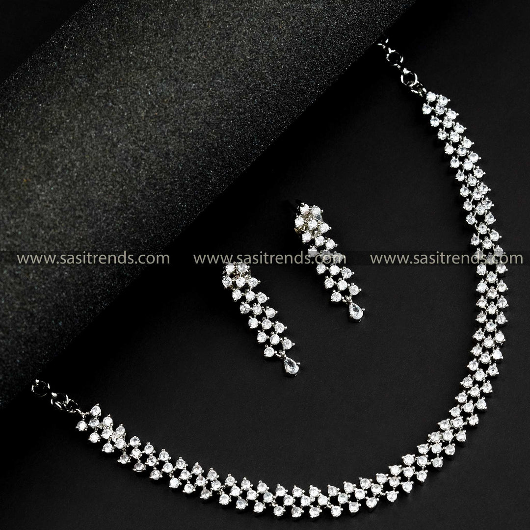 Party Wear Rhodium Silver Plated Necklace Set with AD Stones