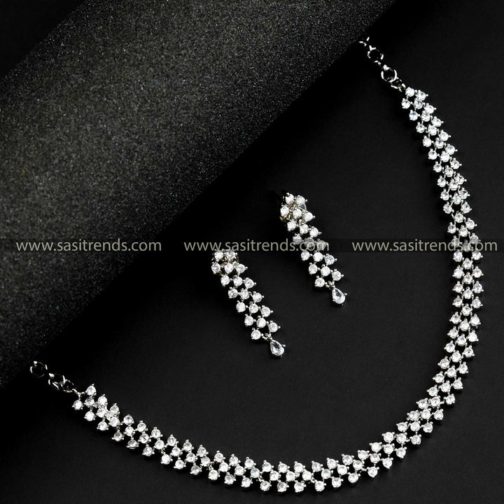 Trendy Rhodium Silver Plated Party Wear Jewellery Set with American Diamond Stones | Sasitrends