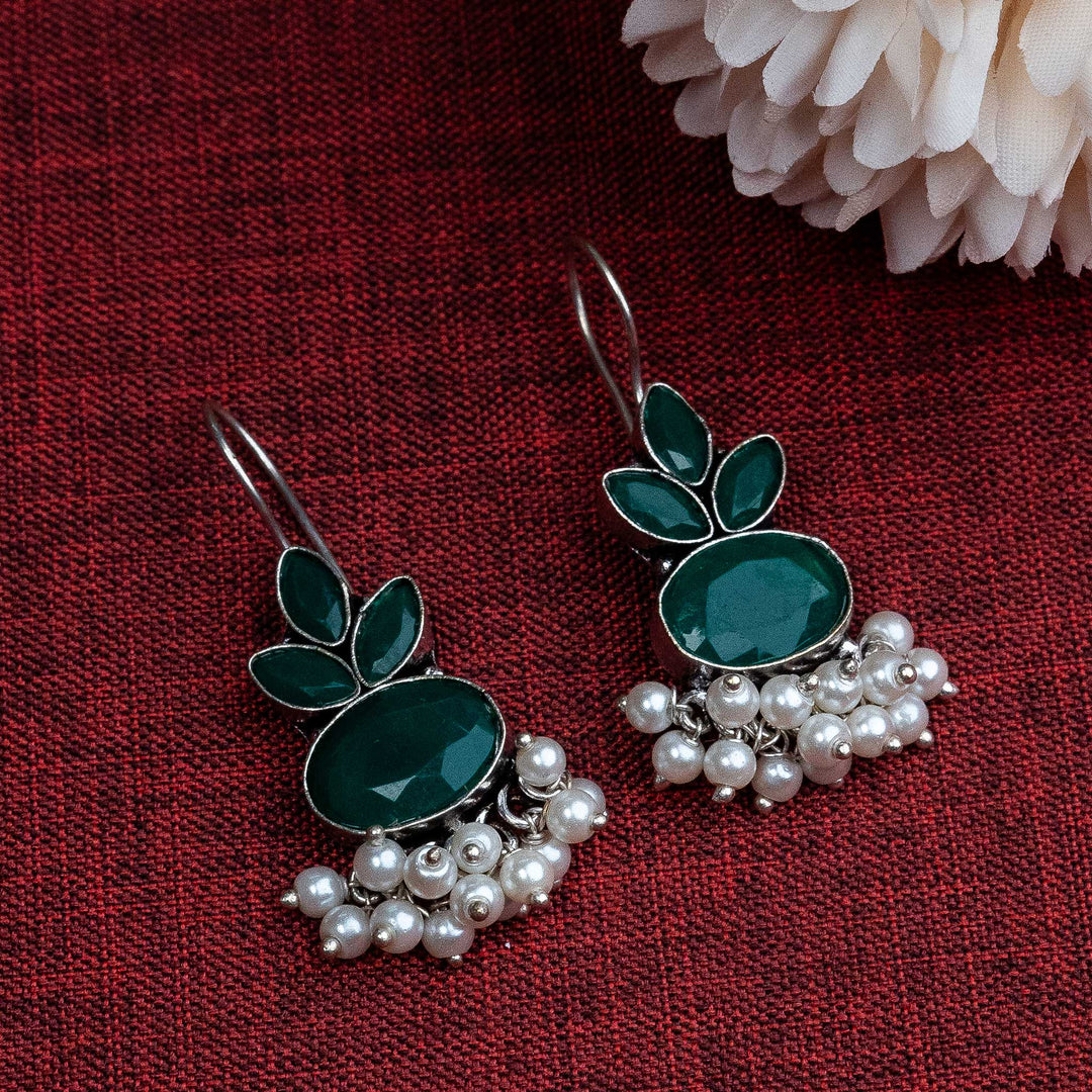 Chic Green Oxidised Silver Earrings with AD Stone and Dangle Pearl Accent