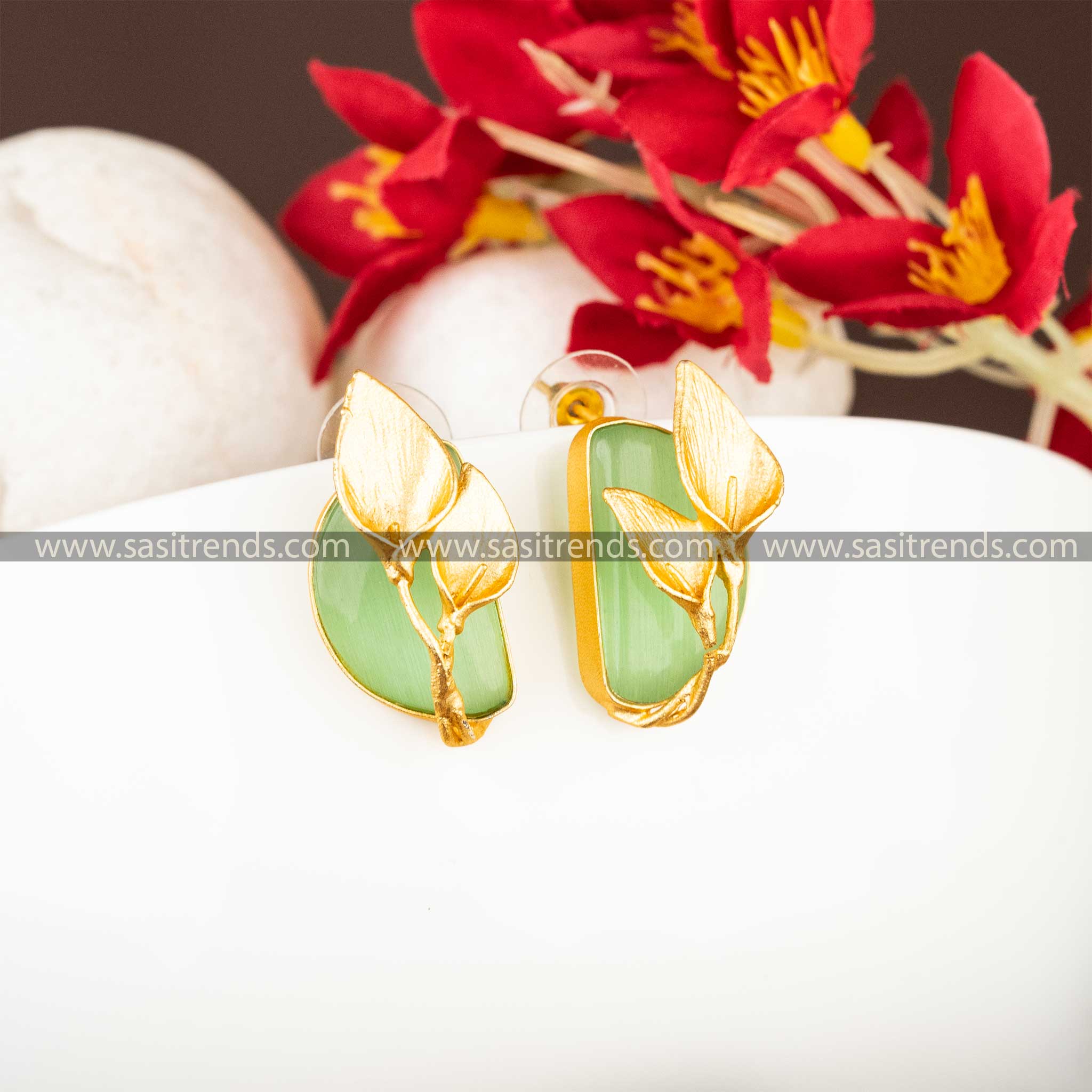 Trendy Elegance Gold Plated Push Back Leaf Pattern Green Stone Studded Earrings Sasitrends 