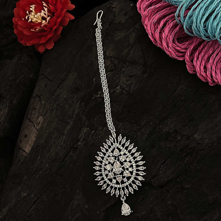 Rhodium Silver Plated Flower Motif AD Maang Tikka - Perfect Festive Party Wear | Sasitrends